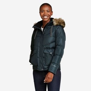 Eddie Bauer Dark Green Puffer Jacket with Faux Fur Hood